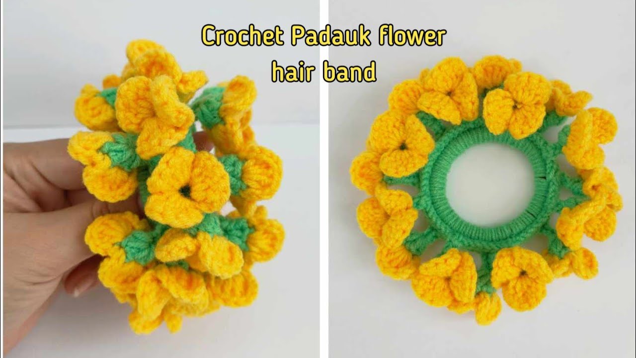 Crochet Padauk flower hair band(ပိတောက်ပန်း ခေါင်းစည်းကြိုးထိုးနည်း)