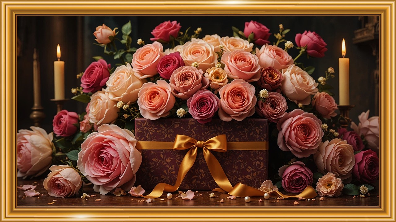 Mother’s Day Gift Elegance 🌹 Peonies, Gold Ribbon & Candlelight | 4K Art