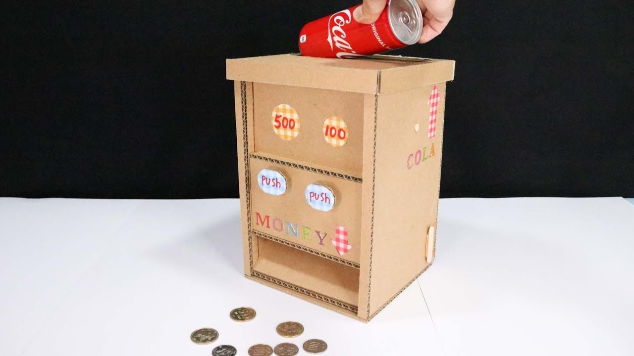 Cardboard DIY Reverse vending machine　コーラを入れたら、お金が出る自販機