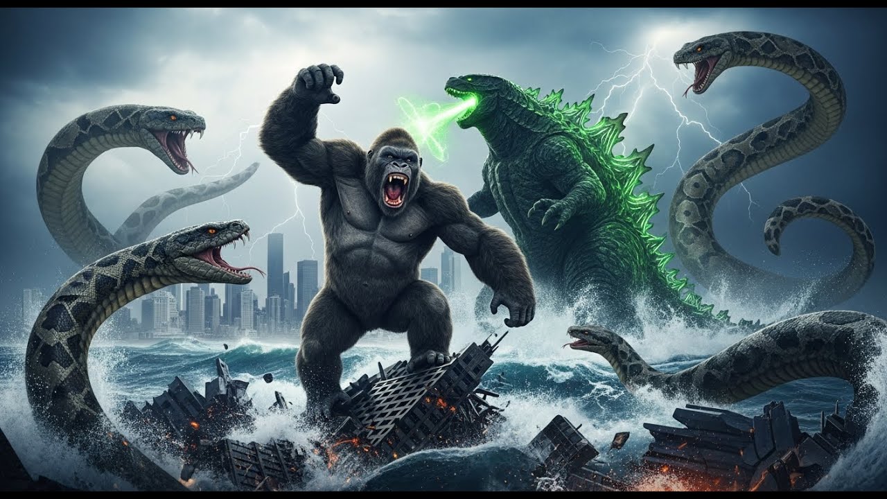 King Kong and Godzilla vs. Giant Python Snakes in a Massive Sea & City Showdown