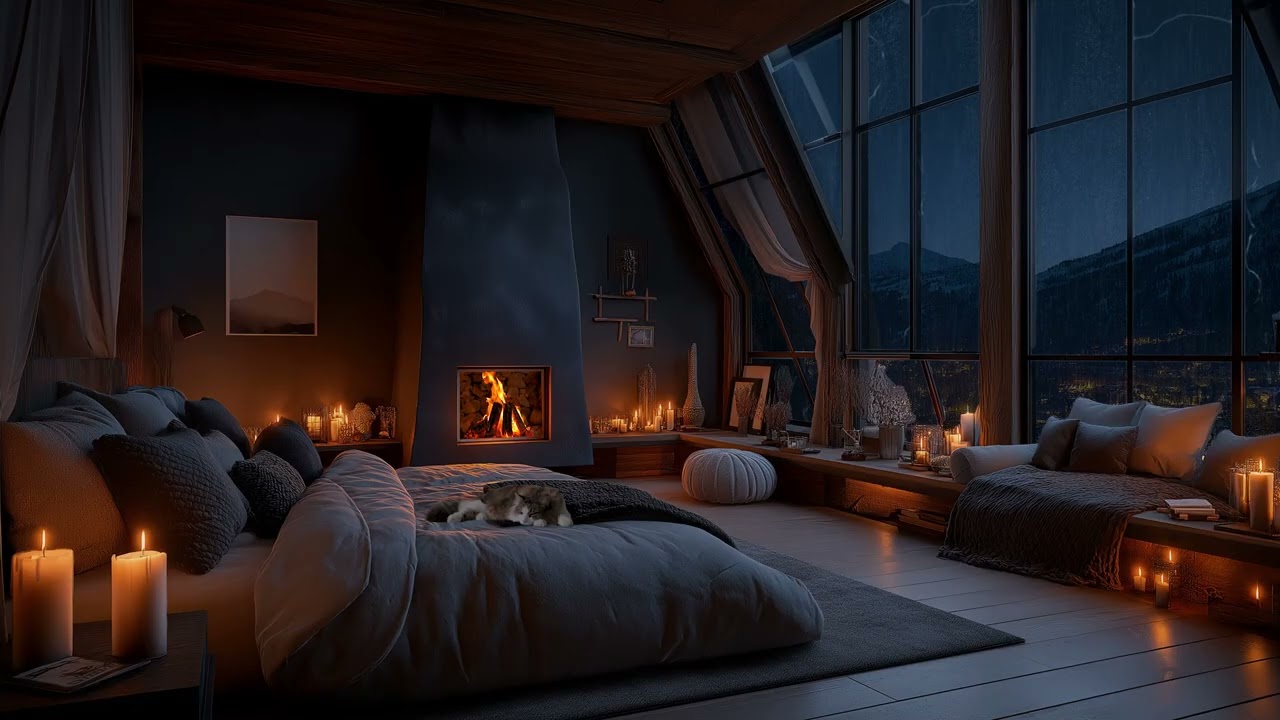 Cozy Loft Bedroom 🌧️ Rain & Crackling Fireplace | Gentle Night Ambience for Deep Sleep