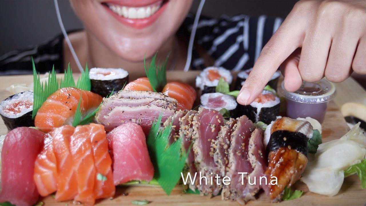 ASMR Salmon sashimi, Sushi, White and Red Tuna no talking