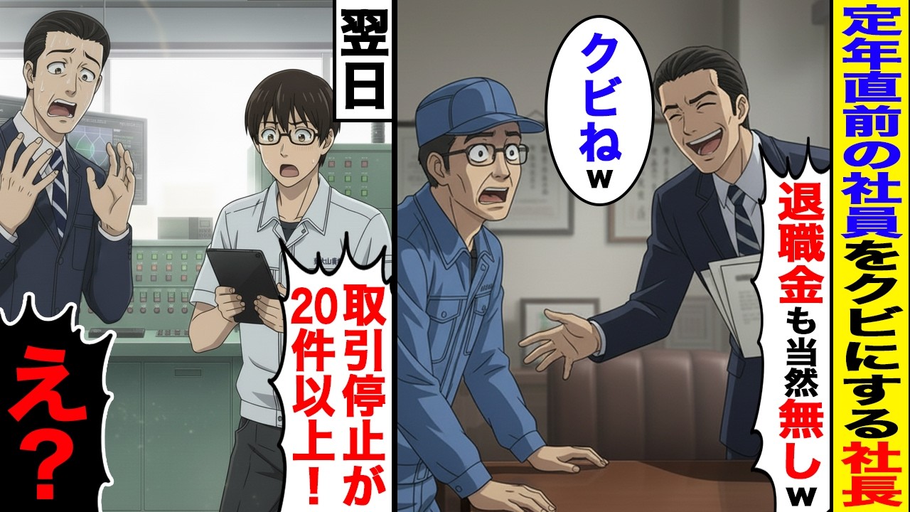 【漫画】勤続40年のベテラン社員を定年直前にクビにする2代目社長「お前に払う金はないｗｗ」老人「わかりました。」翌日、取引先からの電話が鳴りやなず…【スカッと】