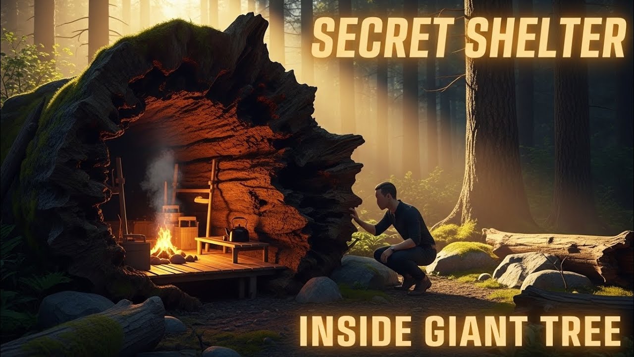 Secret modern survival shelter built inside a rotten giant tree trunk 