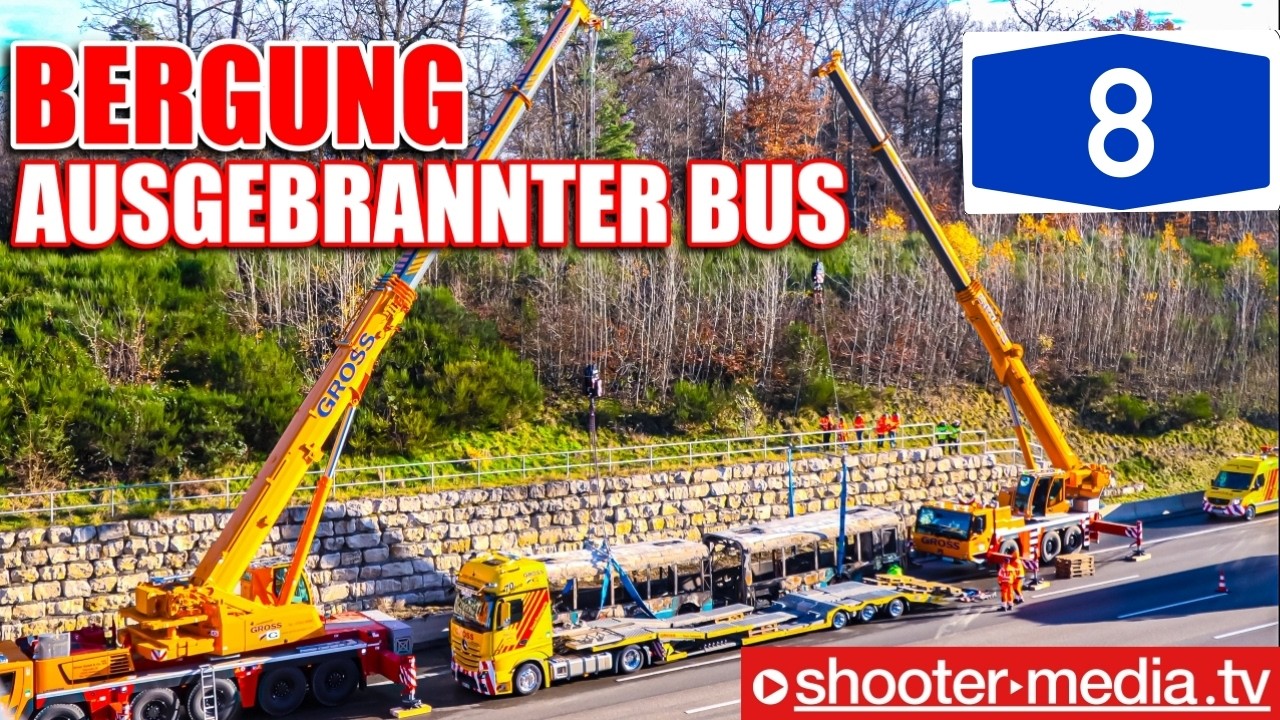 🟡  BERGUNG AUSGEBRANNTER OMNIBUS  🟡 | 🟡  2 Kranwagen und Tieflader im Einsatz  🟡