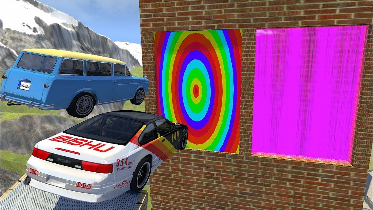 Crazy Vehicle High Speed Jumping through Rainbow Water Wall Or Purple Water Wall - BeamNG drive