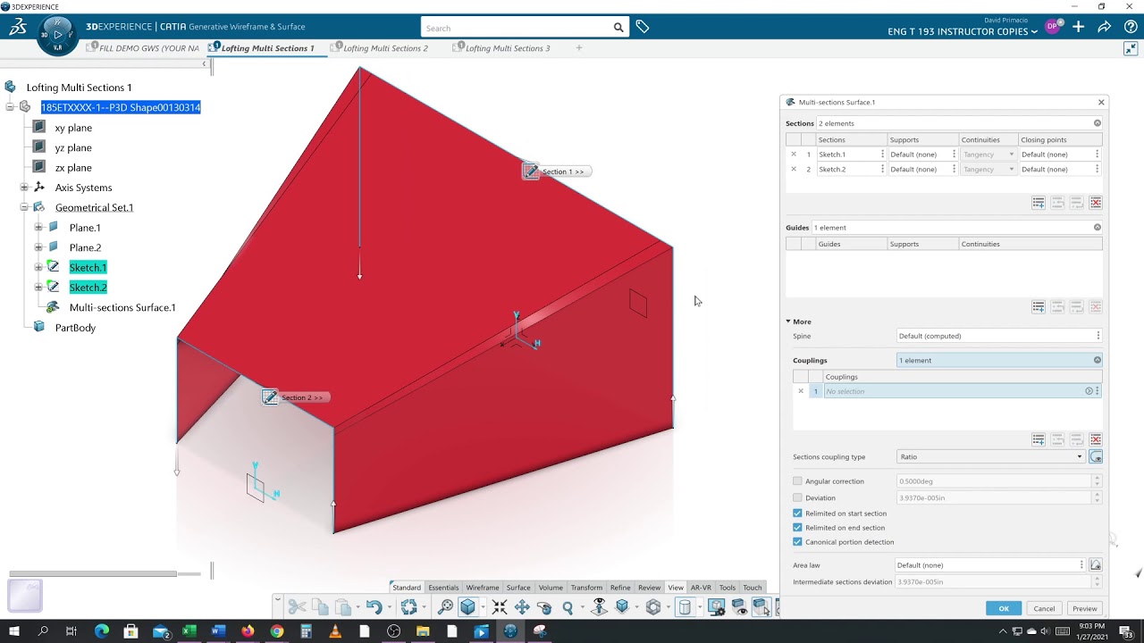 Лофтинговая многосекционная поверхность 1 CATIA 3DExperience