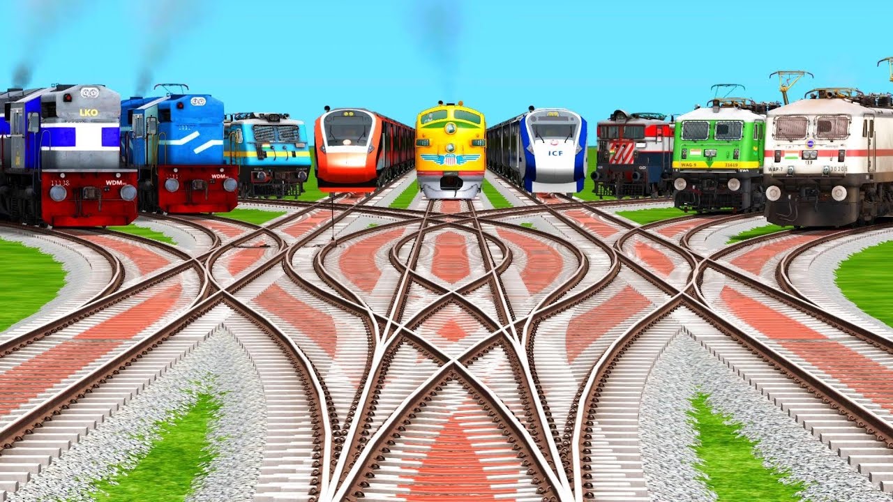 9 Trains Vs Bumpy Railroad Crossing Tracks | indian railways | indian train simulator gameplay 