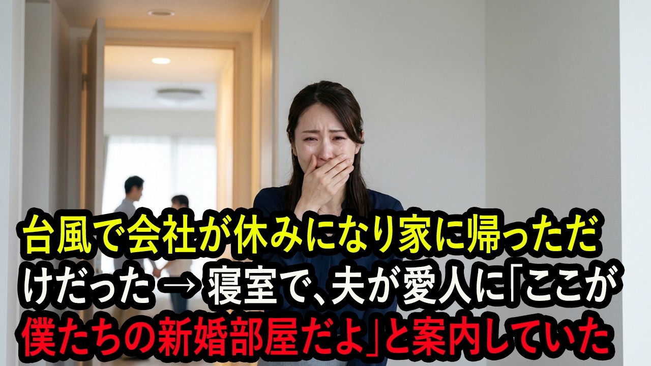台風で会社が休みになり家に帰っただけだった → 寝室で、夫が愛人に「ここが僕たちの新婚部屋だよ」と案内していた