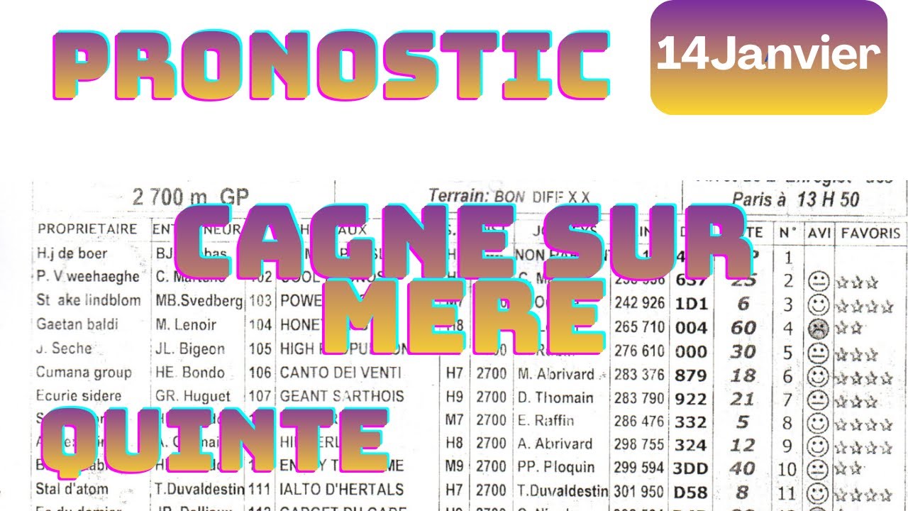 Pronostic Quinté 14  Janvier 2026– Analyse Gagnan CAGNES SUR MER