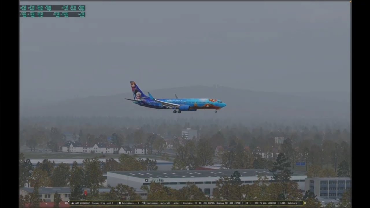 DISNEY-BRANDED B737-8 DESCEND AND POOR VISIBILITY LANDING AT  SALZBURG AIRPORT, AUSTRIA. [XPLANE12]