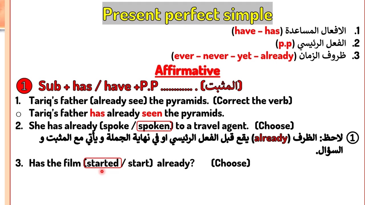 صفحة 31 انكليزي رابع اعدادي المضارع التام و ظروفه