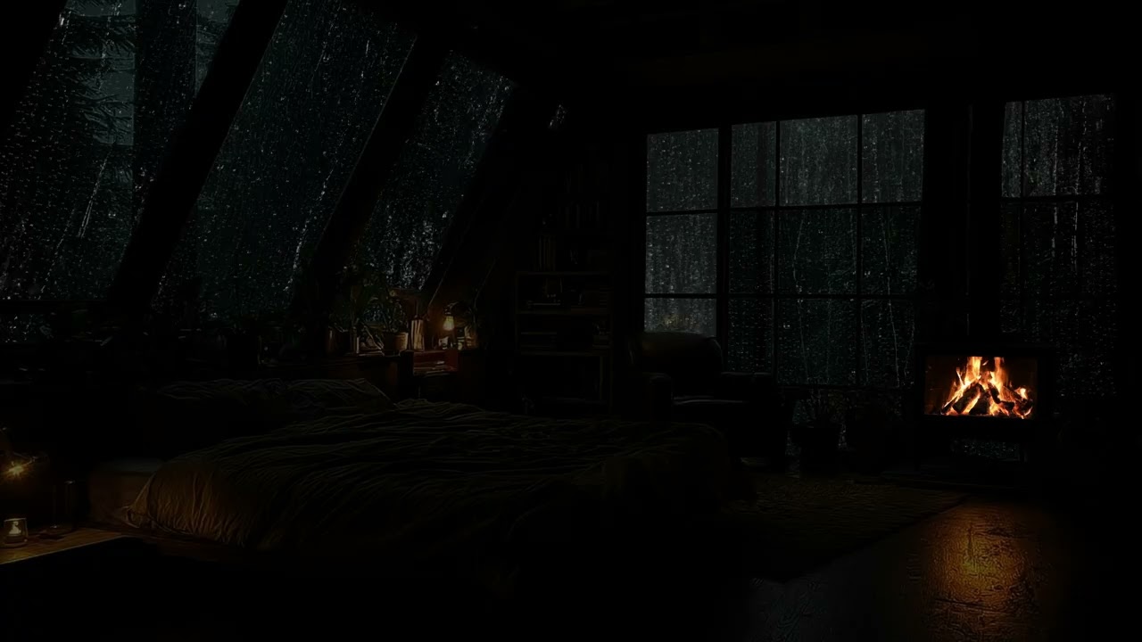 No Ads[FALL ASLEEP INSTANTLY]😴🎧Mountain Rain & Warm Fireplace Sounds in Dark Cabin for Ultimate Calm