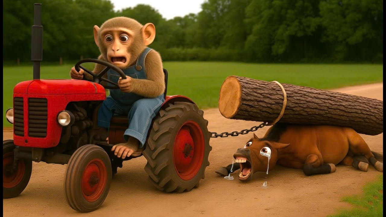 Monkey Farmer Uses Tractor To Save Horse From Tree Trunk - Monkey Farm Work | CoCo Farm