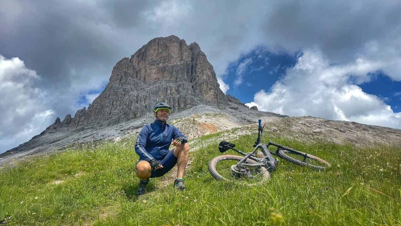 eMTB ride to the Five Towers (Cinque Torri) in the Dolomites, South Tirol, Italy