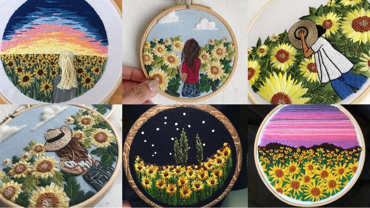 Diy sunflower embroidery patterns inspired by landscape embroidery for beginners