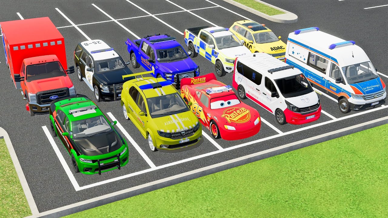 TRANSPORTING CARS, AMBULANCE, POLICE CARS, FIRE TRUCK OF COLORS! WITH TRUCKS! - FS 22