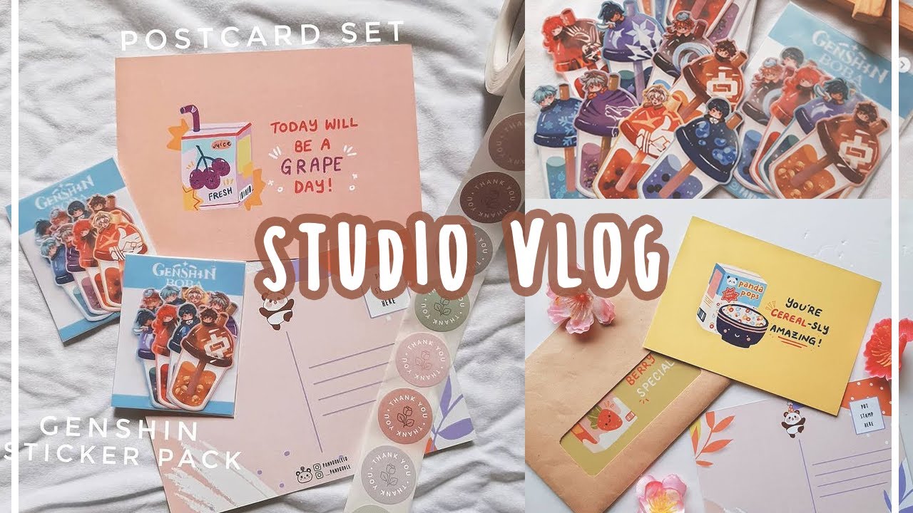 🍒 studio vlog // sticker shop update, making genshin impact stickers and postcard sets