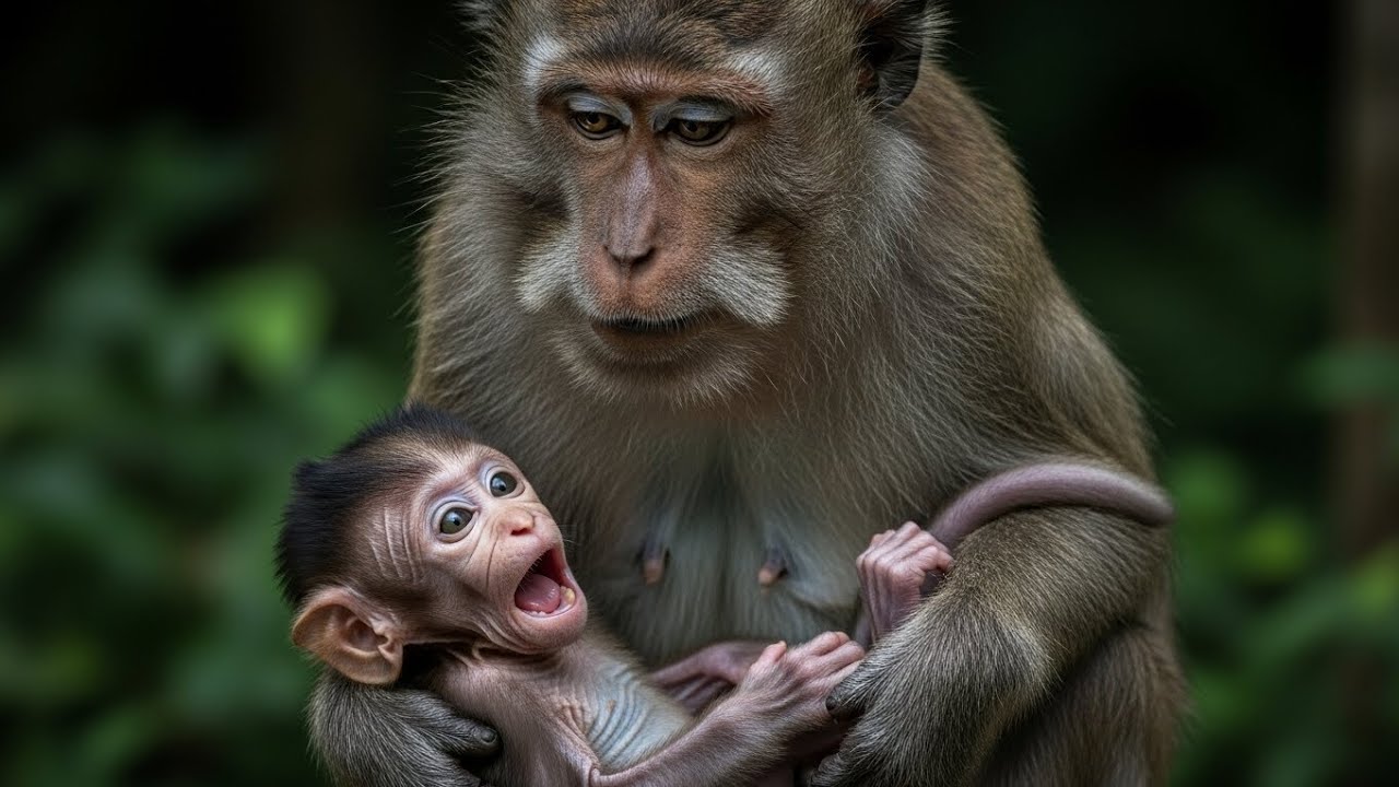 Newborn Baby Monkey in Its First Stage of Life, Cared for by Mother