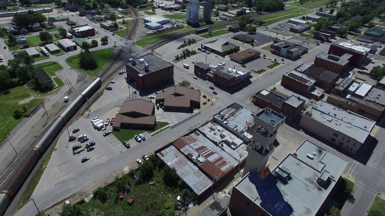 Flying over Downtown Moberly, MO | Train, Giant hole in Finnel's Roof, & Downtown | 1 of 2