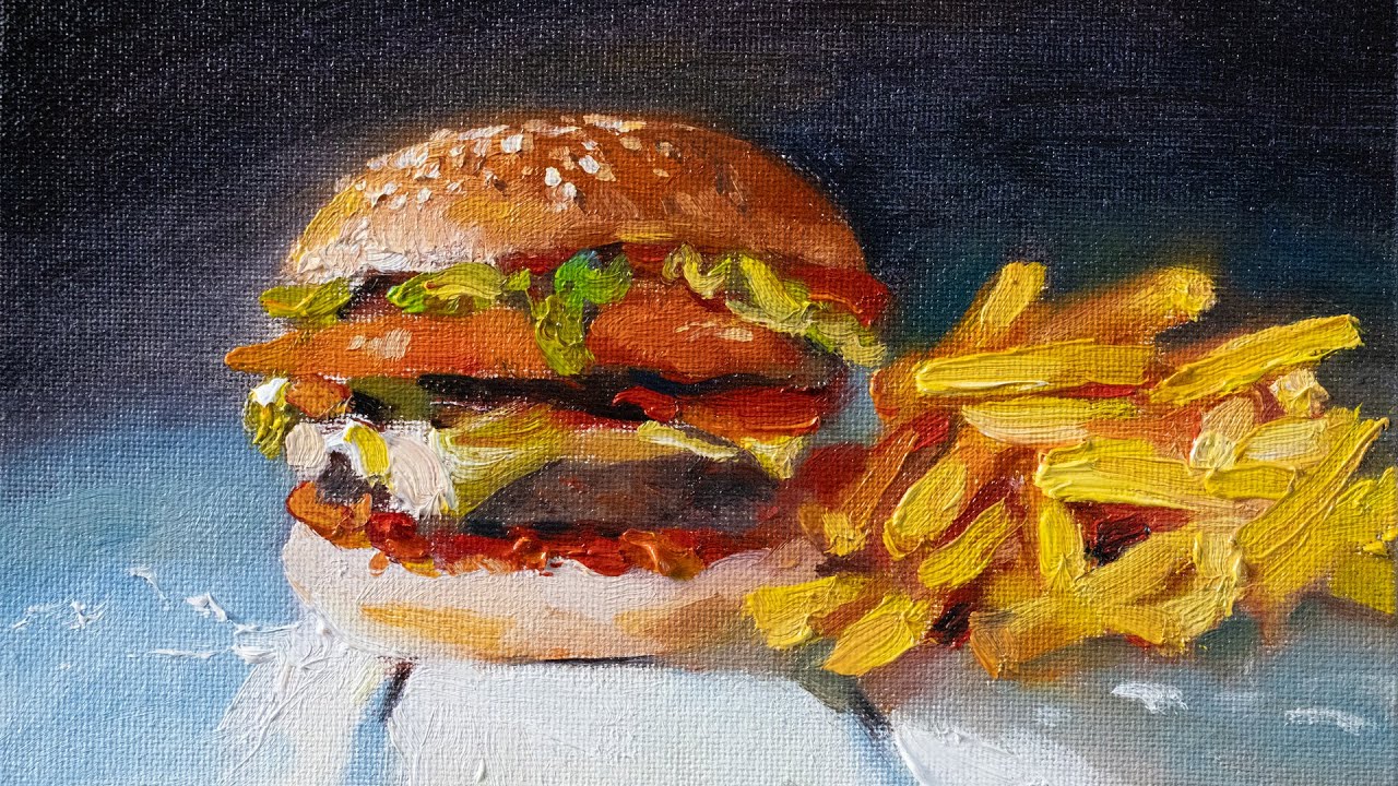 Oil Painting of a Hamburger and Fries - When should the thick paints begin