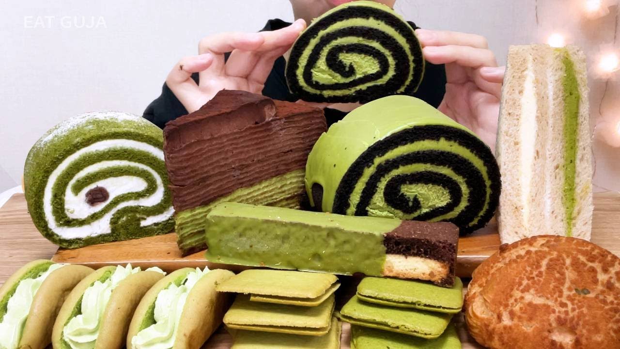 🍃녹차 케이크 마차롤 쌀크림빵 랑드샤 🍃Green tea Dessert MUKBANG 抹茶デザート