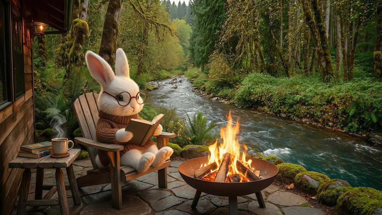 Peaceful Bunny Reading Retreat 📖 Birdsong, Forest River and Campfire Sounds for Calm