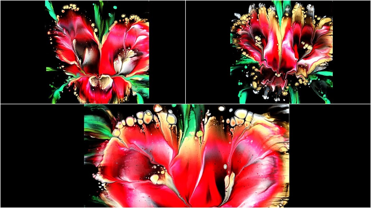 (637)Dip technique, 3 flower bouquets in red 20x20cm,abstract fluid painting,Acrylgießen