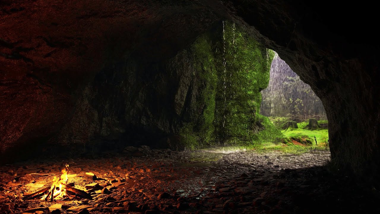 Relaxing in a Rainy Cave | Crackling Fire | 8 Hours of Soothing Sound