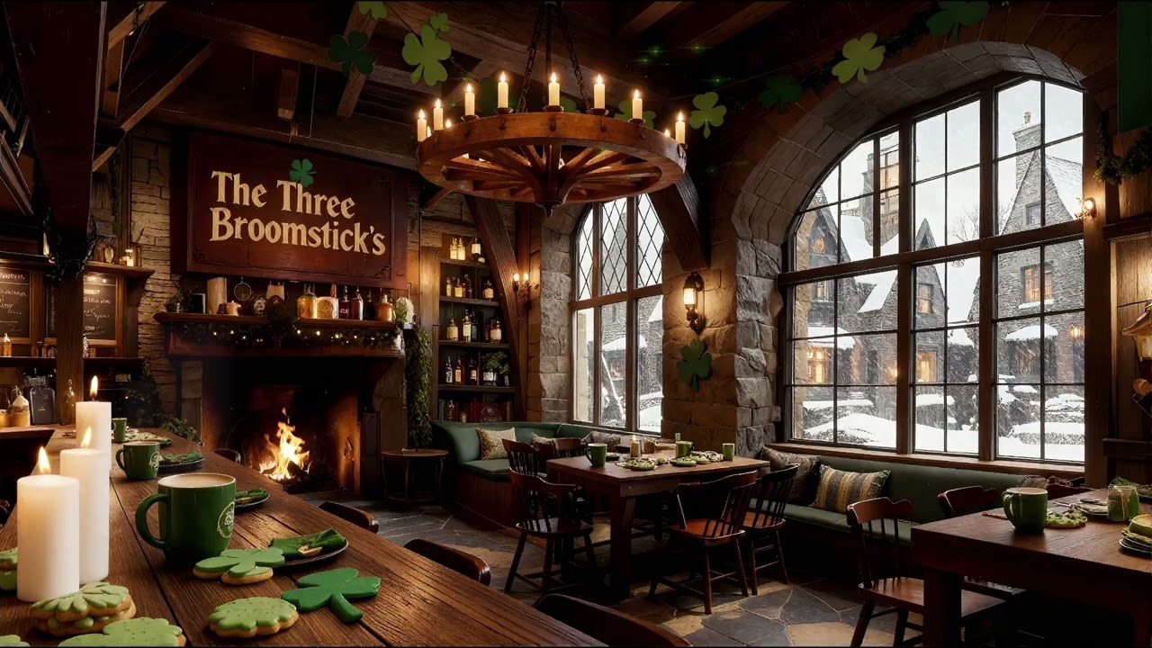 St. Patrick’s Day at The Three Broomsticks Ambience | Harry Potter Cozy Fireplace & Celtic Music 