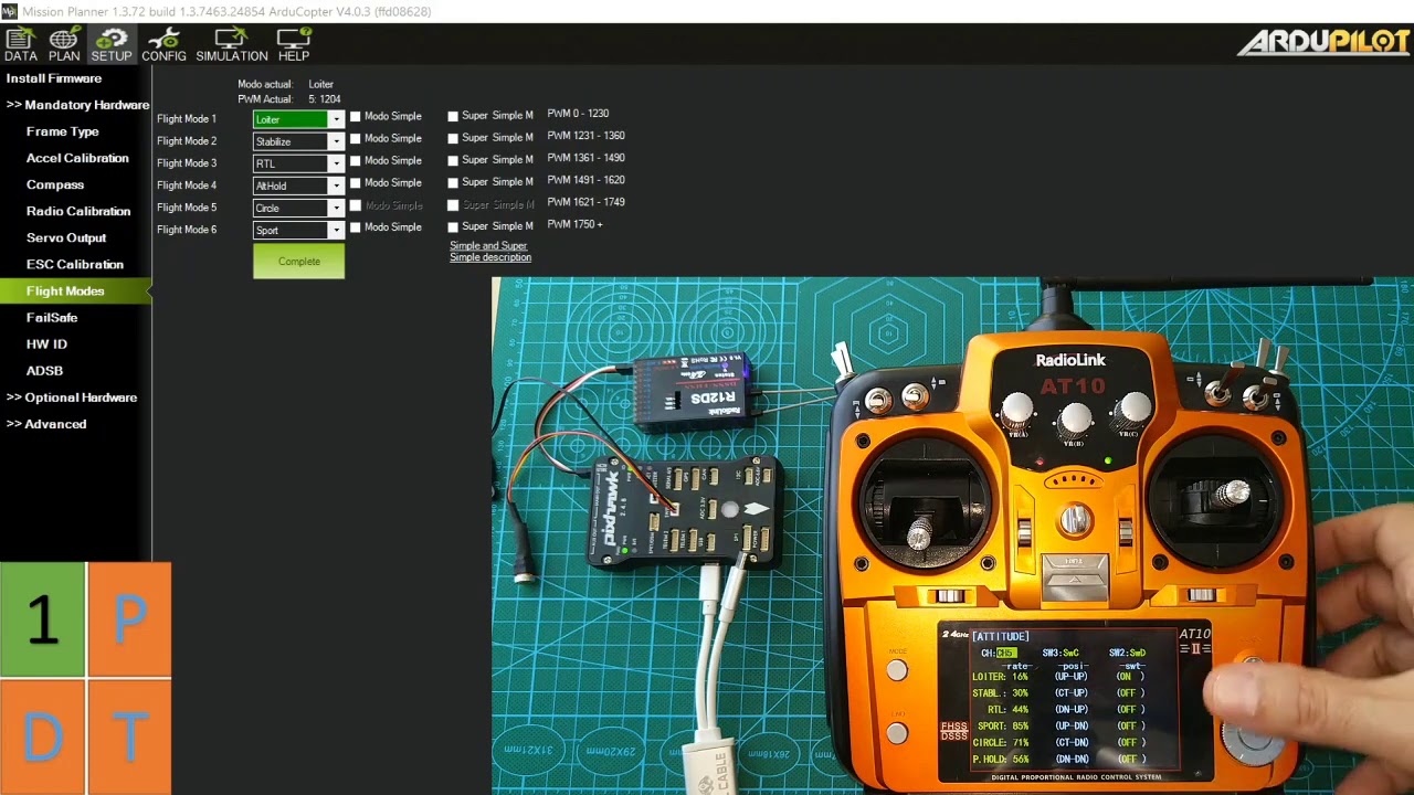 Modos de vuelo. Configuración en Mission Planner y emisora Radiolink AT10II