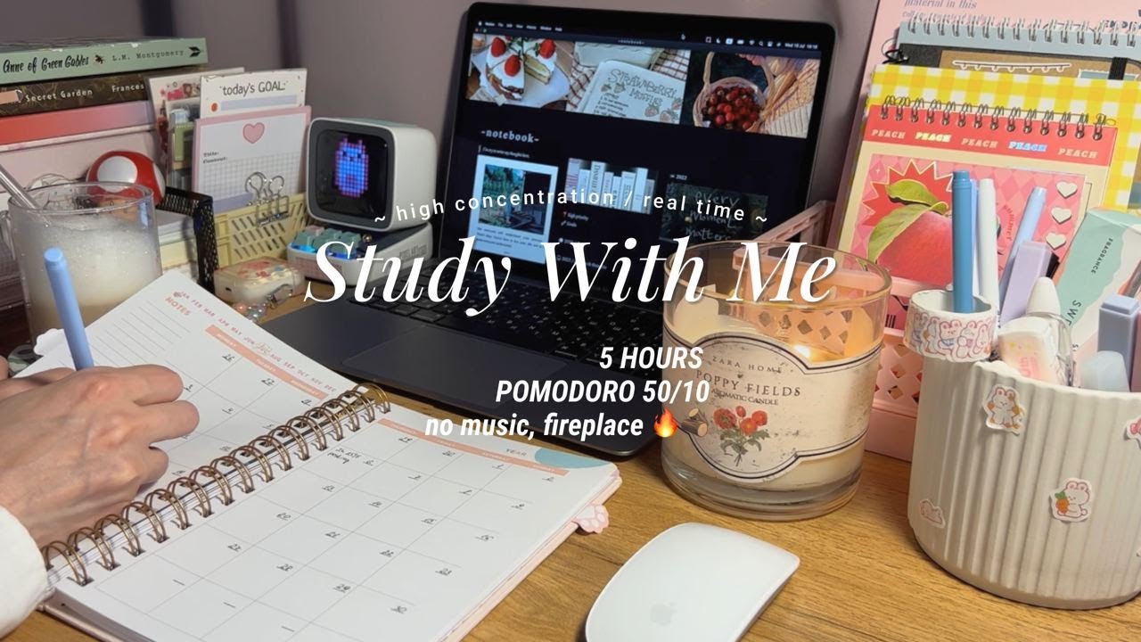 5-HR STUDY WITH ME 🔥🪵 уютный камин, без музыки [50/10 Pomodoro] 📚 таймер + будильник, реальное время