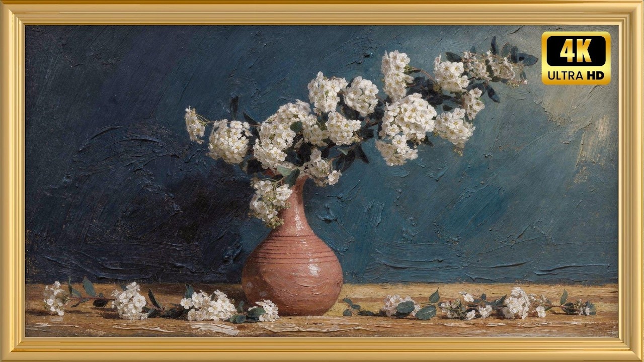 White Floral Arrangement Blue Background | 8 Hour Ambient Home Decor Art