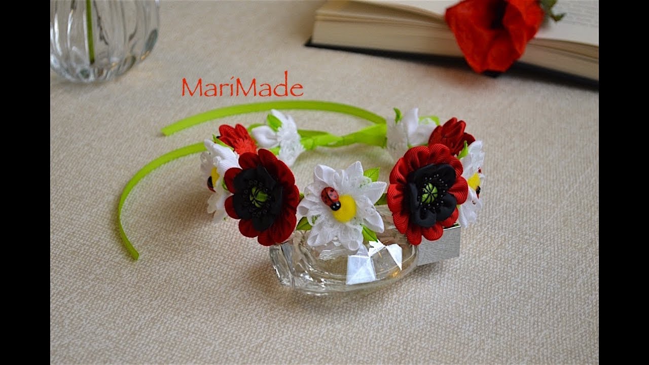 Kanzashi Poppy Flowers Headband Канзаши Маки Цветы Ободок Венок МК