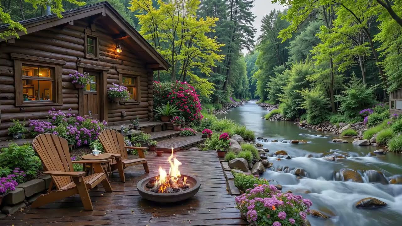 Peaceful Riverside Cabin 🌿 Crackling Fire, Piano Music & Birdsong for Relaxation, Quiet Ambience