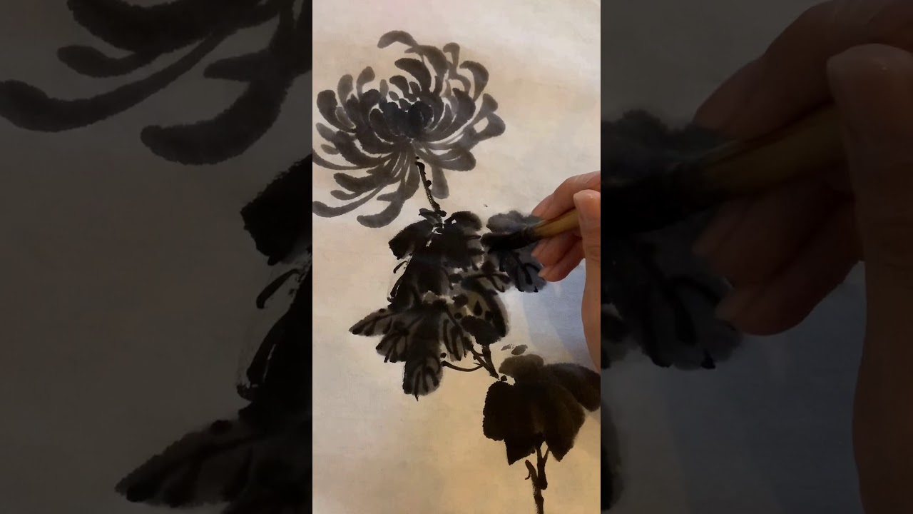 水墨畫-只用墨色畫菊花 Traditional Chinese Ink Painting- Chrysanthemum
