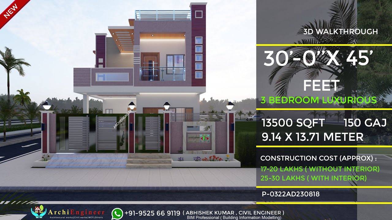 30x45 House Design 3D | 🔥🔥1350 Sqft | 150 Gaj | 3 BHK | Modern Design | Terrace Garden | 9x13 Meters
