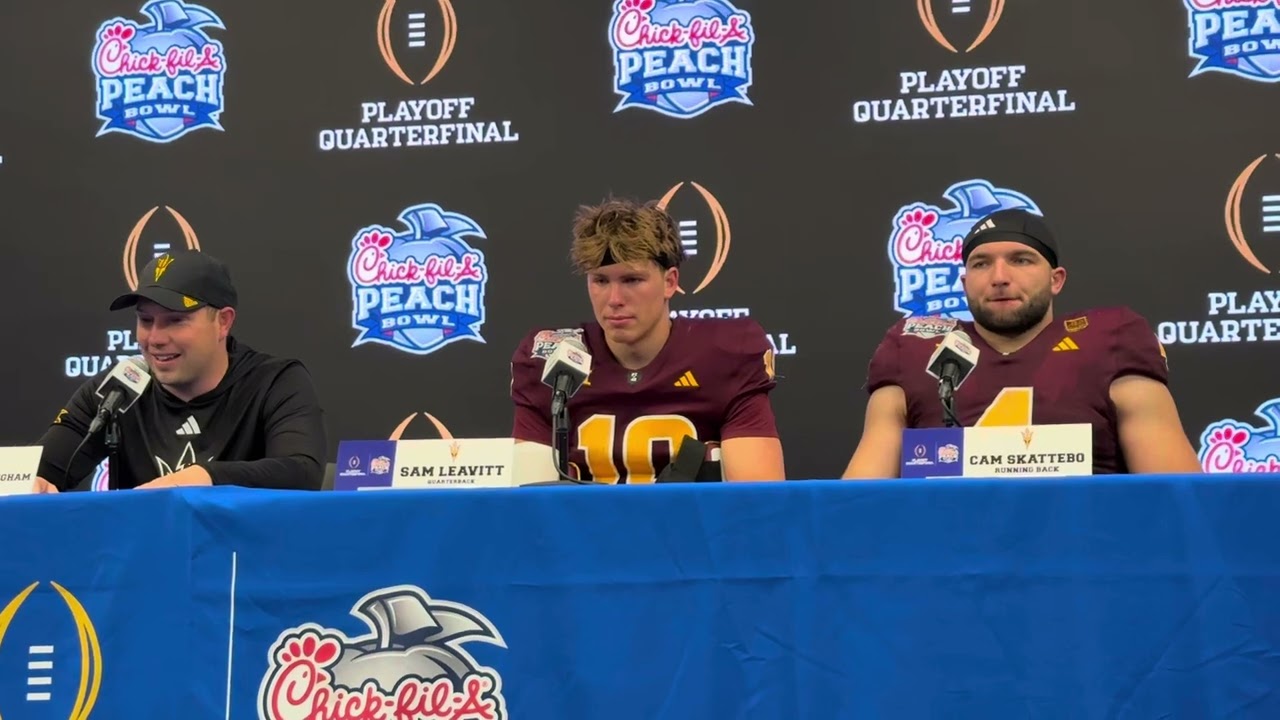 Kenny Dillingham, Cam Skattebo, & Sam Leavitt after ASU’s Peach Bowl loss