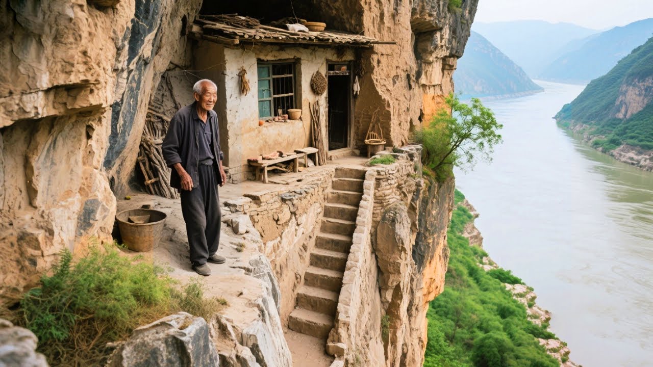 探访陕西半崖上的独户人家，68岁大爷长居险峻之地，门外就是江水能把人冲跑【乡村阿泰】