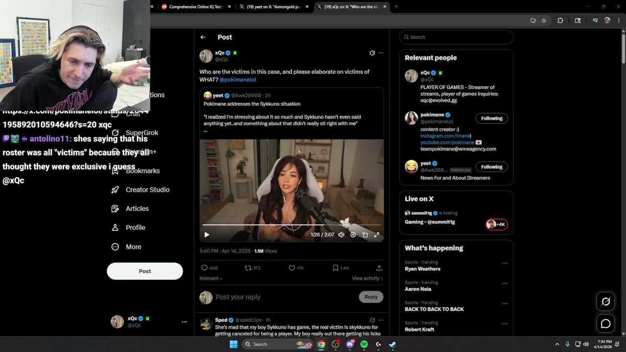 Pokimane отвечает на твит xQc о том, кто является жертвами в драме sykkuno.