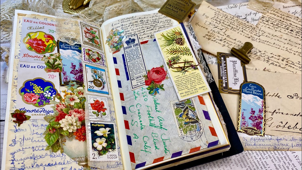 紙もの♡トラベラーズノートにヴィンテージコラージュ（海外のエフェメラやクロモス、古い封筒と手紙などを使って華やかなコラージュを✨）vintage collage