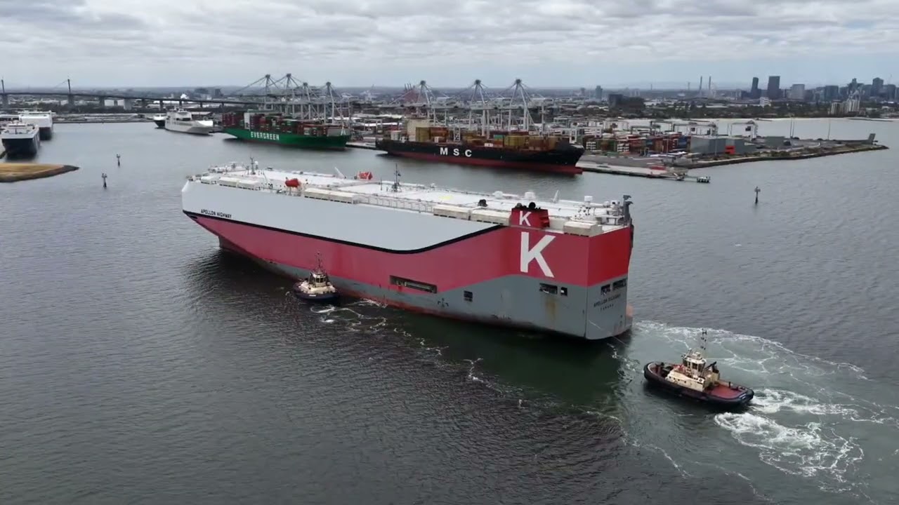Melbourne docks, Apollon Highway car carrier. Escorted by tugs.  #melbourne #ship #photography 