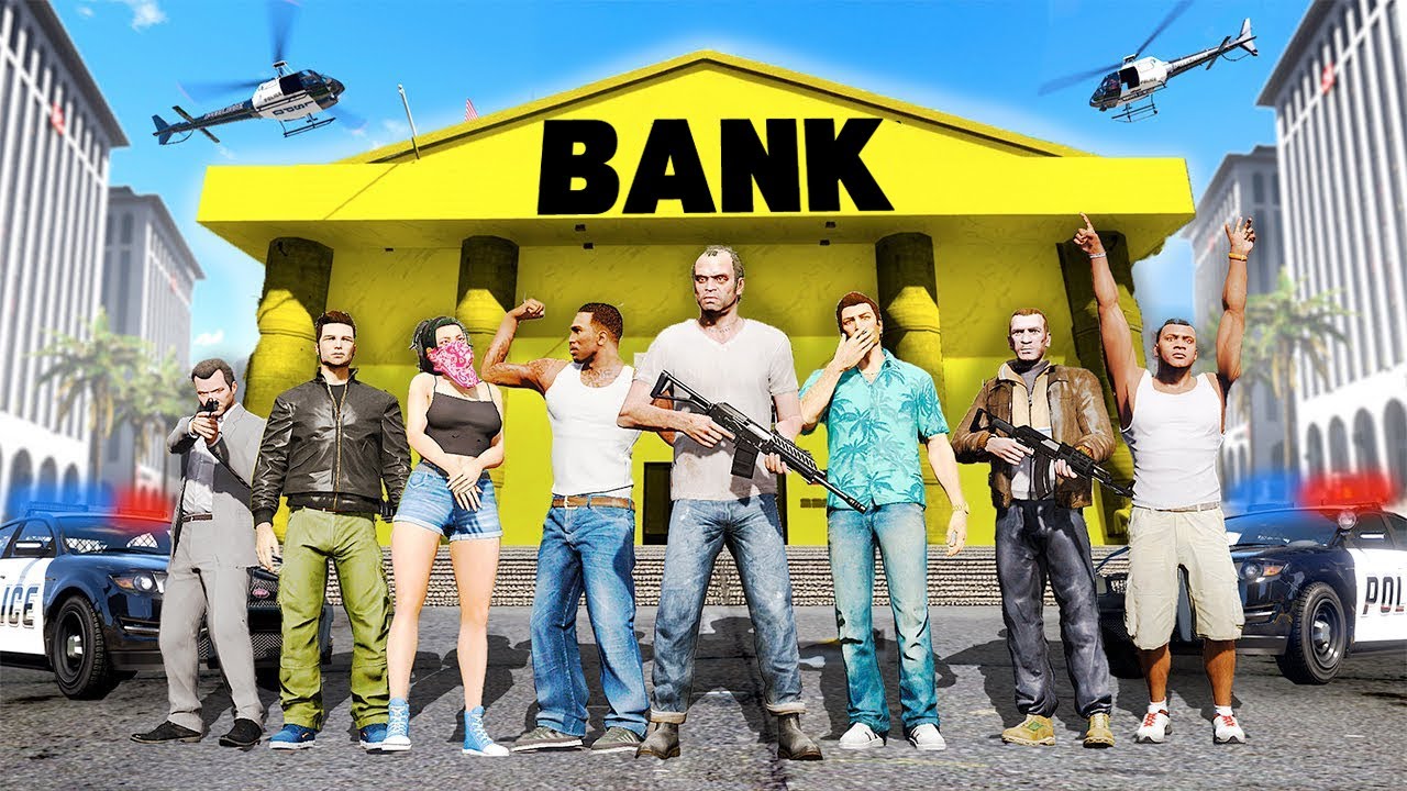 ВСЕ ГЕРОИ GTA ГРАБЯТ БАНК В ЛОС САНТОСЕ!