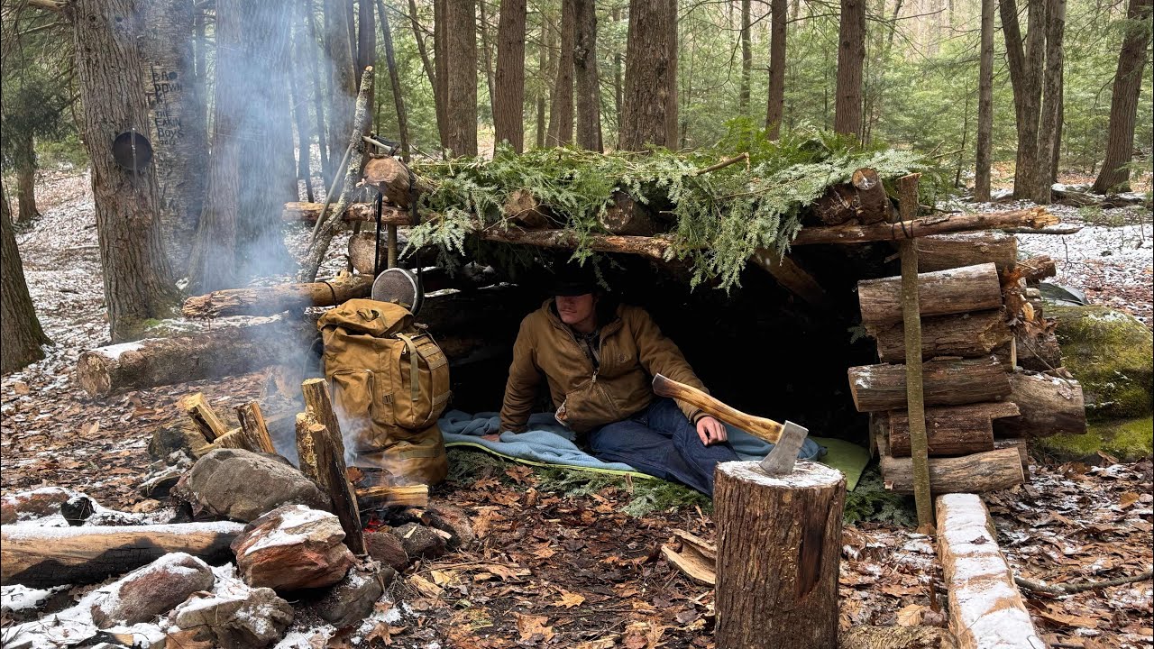 Solo Camping Overnight | Building Bushcraft Shelter ￼ ￼