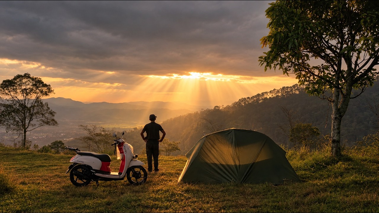 🛵MOTORCYCLE CAMPING IN A BEAUTIFUL SAVANNA &ndash; Amazing Views, Golden Sunset, City Light 🌇