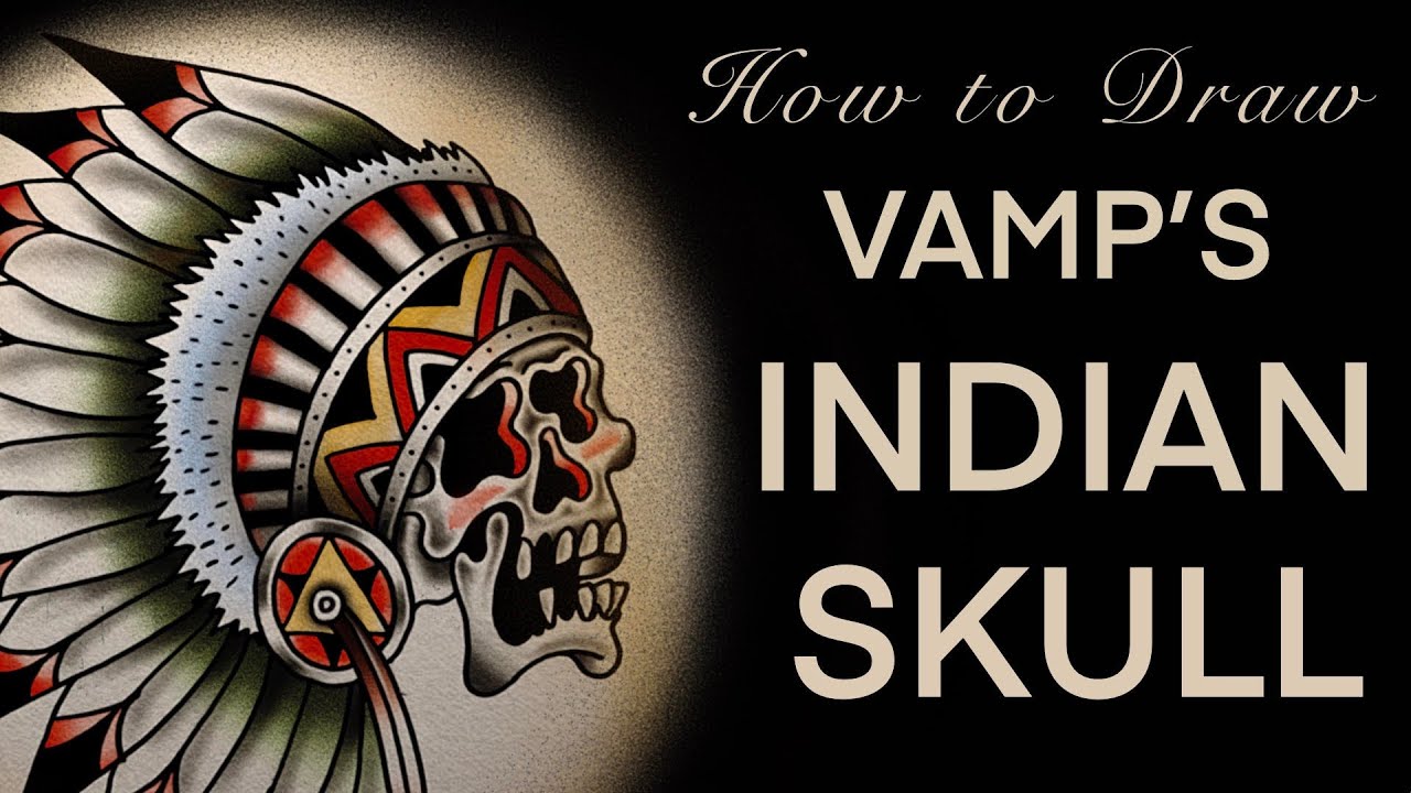 How to Draw an INDIAN SKULL CHIEF Old School Traditional Tattoo Flash Ink Design- Coloring Book Page