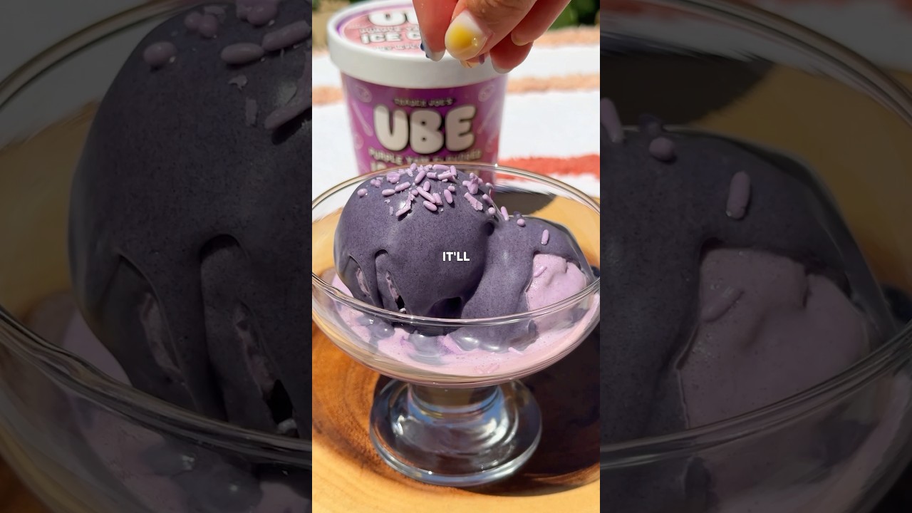 Pouring an Ube Magic Shell over Trader Joe&rsquo;s Ube Ice Cream 🍨 💜 #ube #icecream #traderjoes