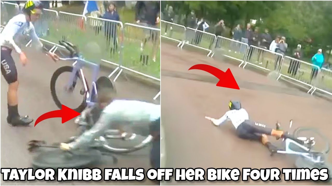 American cyclist Taylor Knibb falls off her bike in rain women's cycling individual time trial crash