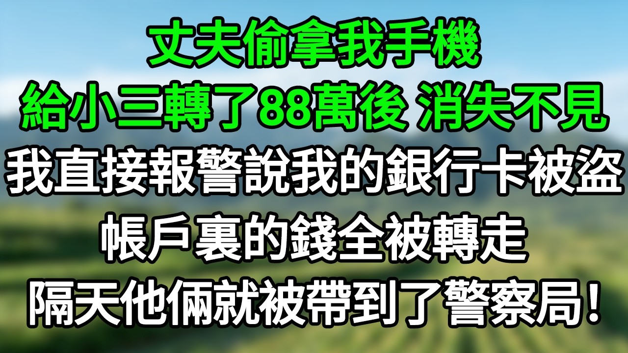 丈夫偷拿我手機給小三轉了88萬後，消失不見，我直接報警說我的銀行卡被盜，帳戶裏的錢全被轉走。隔天他倆就被帶到了警察局！#笑看人生#爽文#情感故事#晓晨的书桌