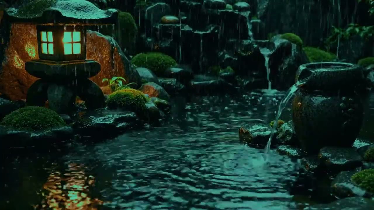 Heavy Rain at Night for Deep Sleep 🌧️ Relaxing Rain Sounds in Zen Garden (No Thunder)